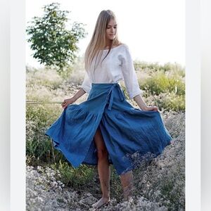 Linen Handmade Studio 100% Linen Wrap Long midi Ruffle Skirt Women’s M-L